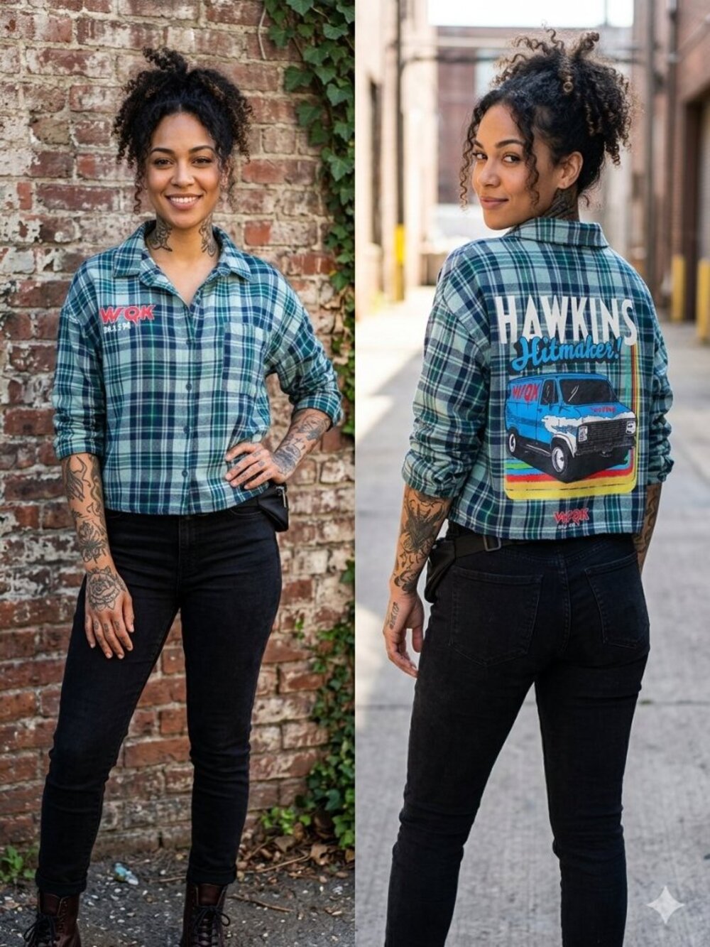 No Boundaries x Stranger Things Cropped Plaid Flannel WSQK Graphic Top